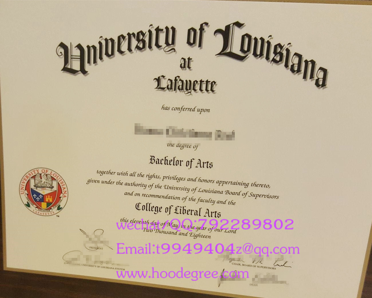 University of Louisiana at Lafayette degree certificate路易斯安那大学拉菲特分校