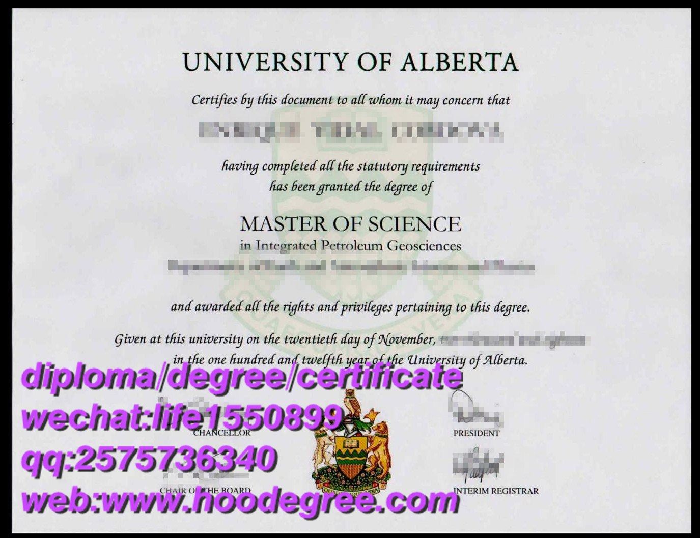 diploma of University of Alberta阿尔伯塔大学毕业证书